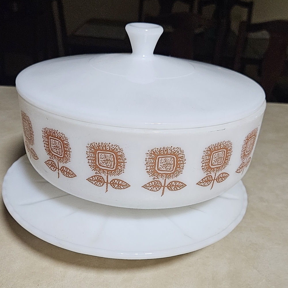 Vintage Milk Glass Covered Casserole with Brown Floral Motif